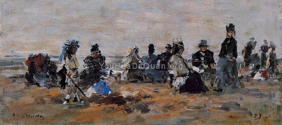 Beach Scene at Trouville, Evening - 尤金·布丹